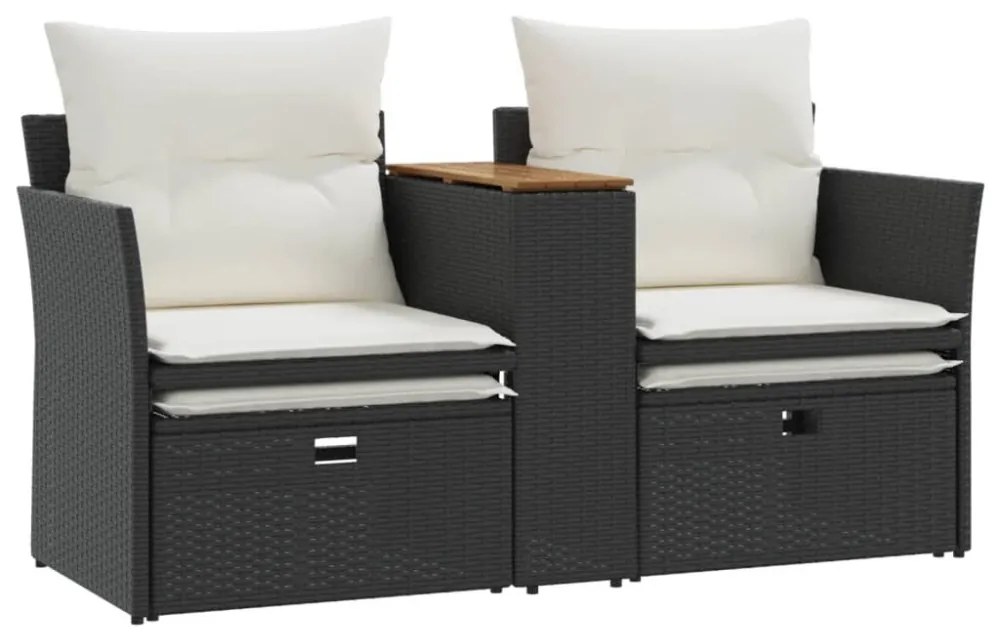 2 személyes fekete polyrattan kerti kanapé zsámollyal