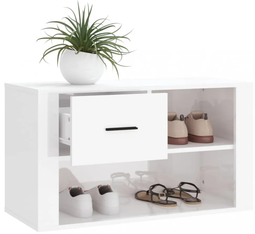 magasfényű fehér szerelt fa cipőszekrény 80 x 35 x 45 cm