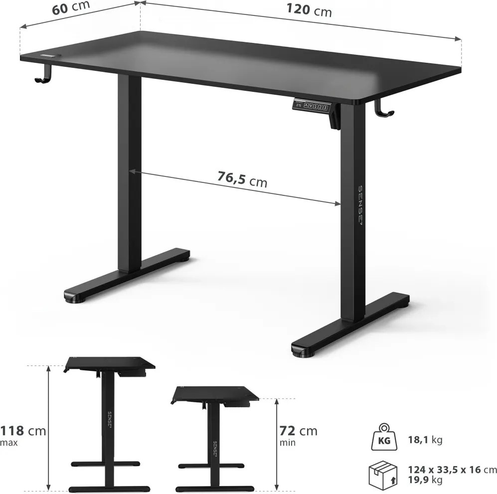 Állítható magasságú íróasztal Nojo Light 120 cm x 60 cm fekete
