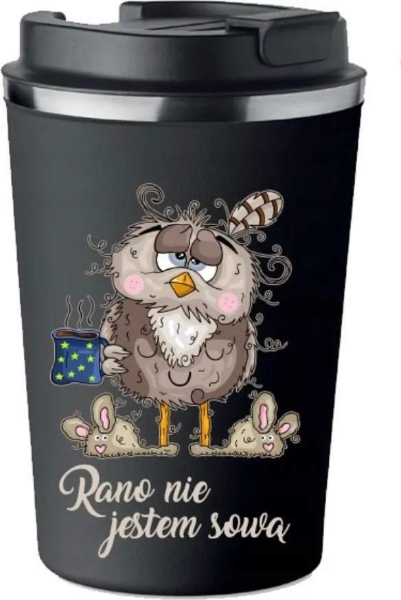 Prémium Termo Bögre fekete Nőnapi Ajándék Reggel Kávé Bagoly KT_445_c