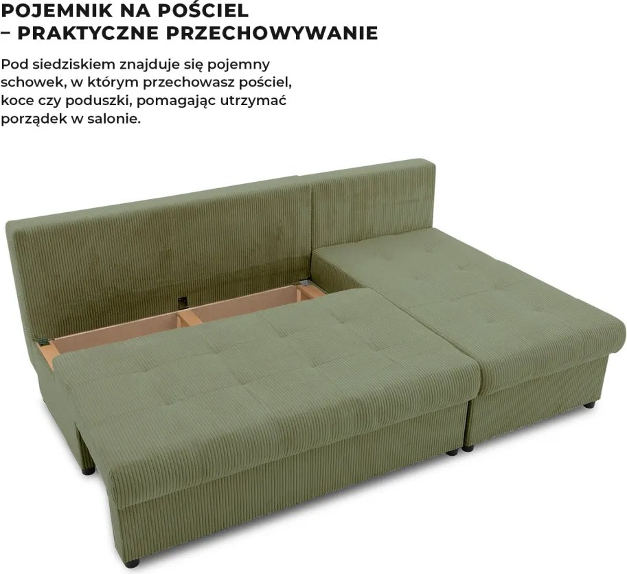 Venezia sarokkanapé, kordbársony, univerzális oldal, bonell töltet, zöld