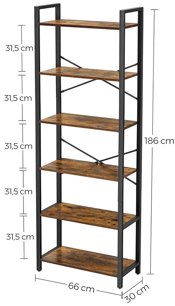 6 szintes könyvespolc tároló polc acélkerettel 66 x 30 x 186 cm , rusztikus barna