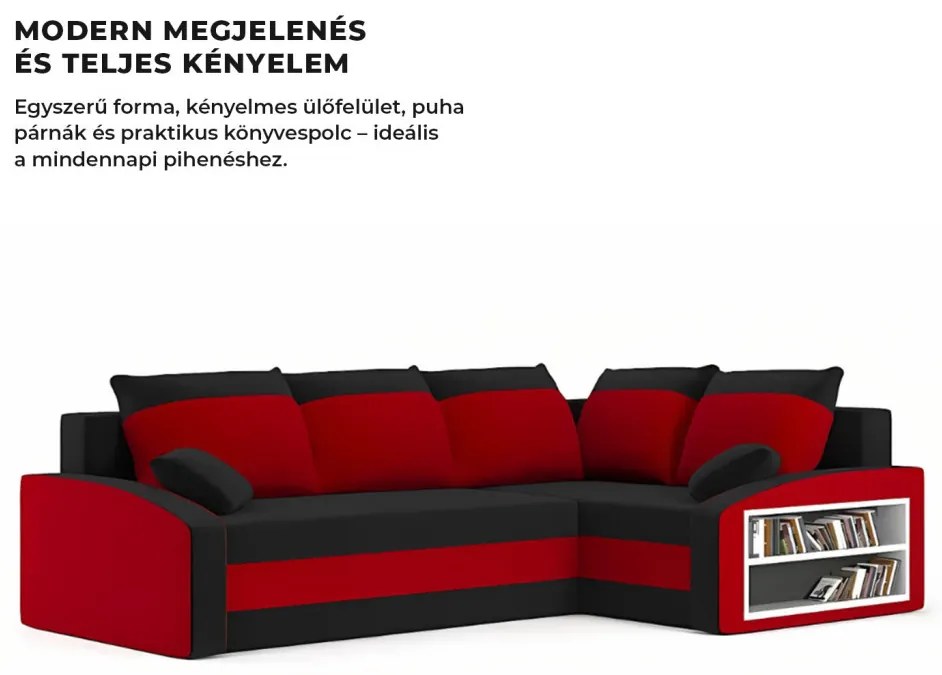 Grande sarokkanapé polcokkal , polc a jobb karfaban, jobboldali, szövet anyag, hab töltet, fekete - piros
