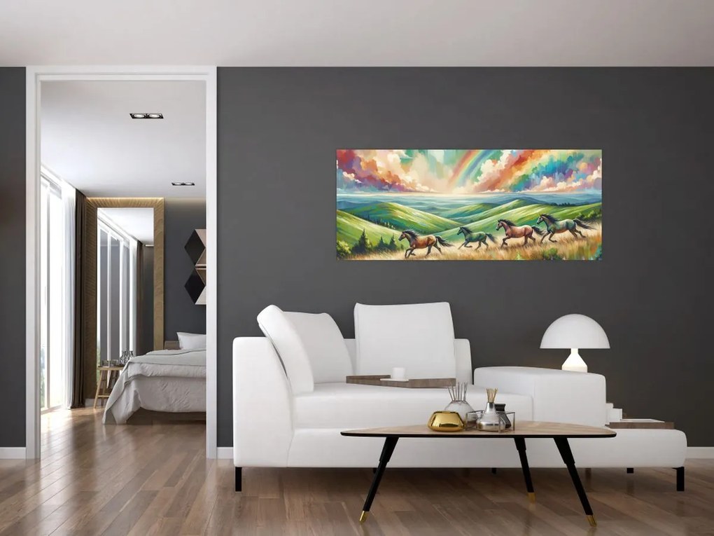 Kép – Vágtázó lovak a tájban (120x50 cm)