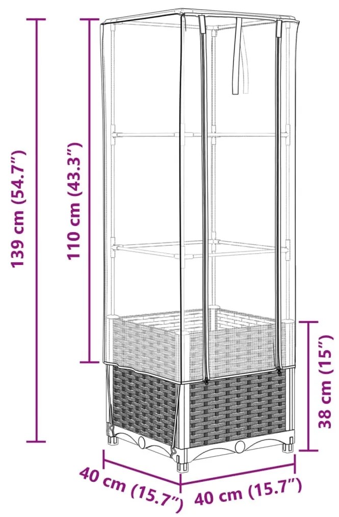 rattan megjelenésű magaságyás melegháztakaróval 40x40x139 cm