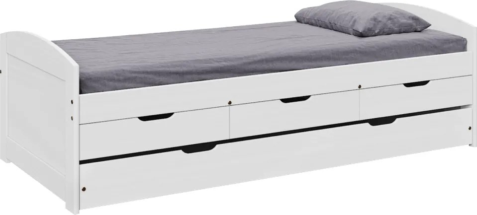 Ágy kihúzható pótággyal, fehér, tömörfa, 90x200, MARINELLA NEW