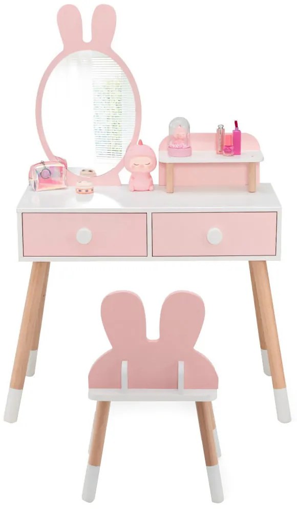 Nyuszis fésülködő asztal gyerekeknek tükörrel, székkel