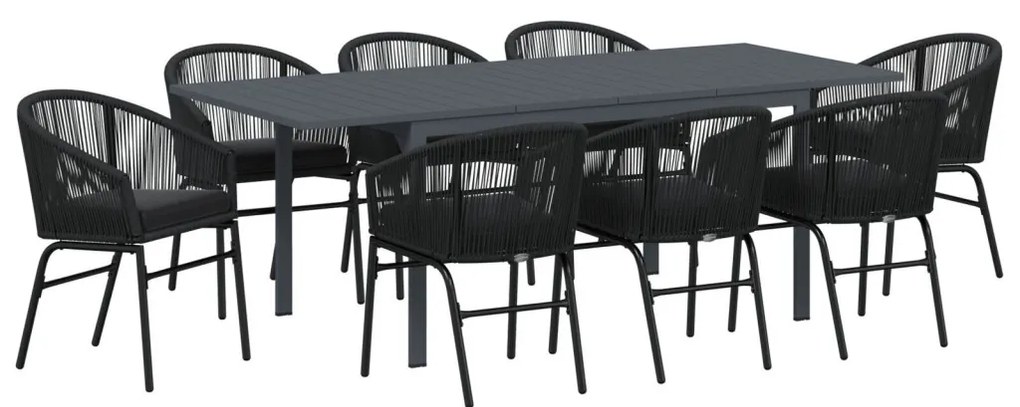 10 darabos kerti étkező szett párnákkal Fekete poli rattan, Hosszabbítható kerti asztal antracit (140-210)x90x73 cm acél