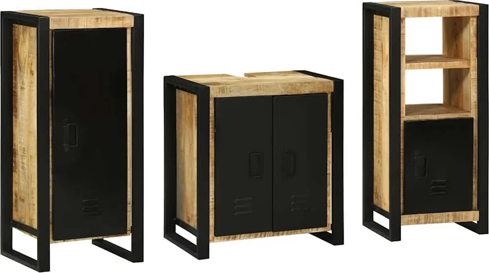 vidaXL Fürdőszoba bútor szett 3 pcs Barna és fekete Tömör Mangófát