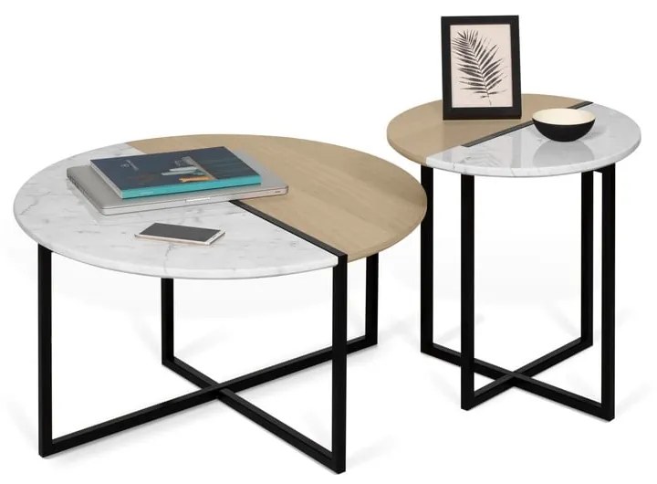 Dohányzóasztal tölgyfa dekoros és márvány asztallappal ø 80 cm Sonata - TemaHome