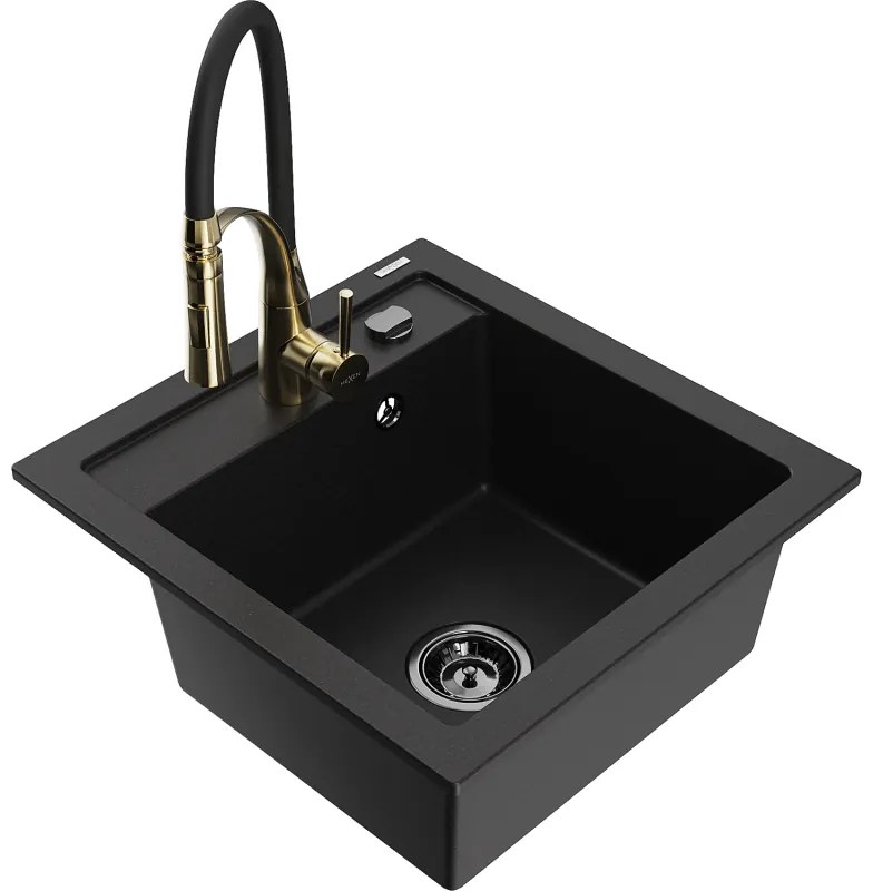 Mexen Vito, 1 kamrás gránit mosogató 490x520x210 mm és Aster mosogató csaptelep, fekete, 6503-77-73450-57-B