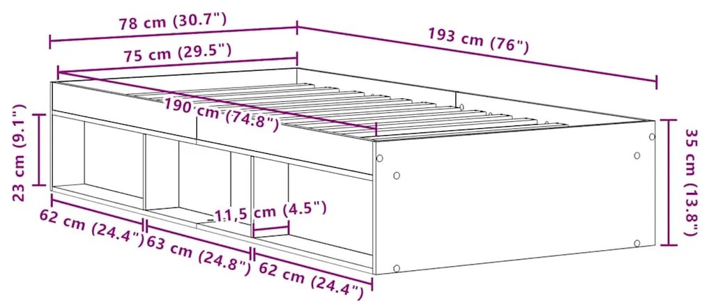 kézműves tölgy szerelt fa ágykeret matrac nélkül 75x190 cm