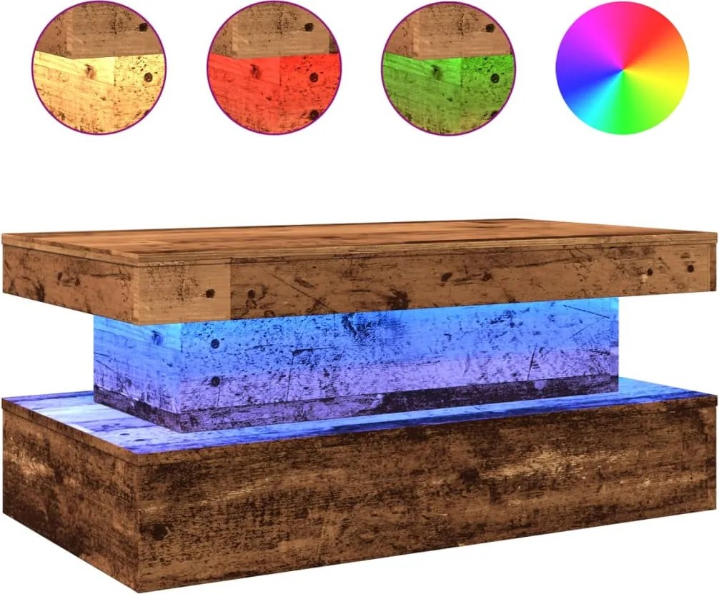 vidaXL antik fa színű dohányzóasztal LED-lámpákkal 90x50x40 cm