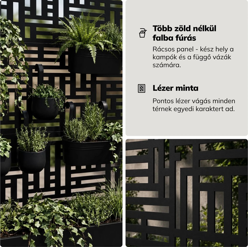 Fém kerti pergola virágládával 3in1, fekete, 900x1800x300 mm: ROSE