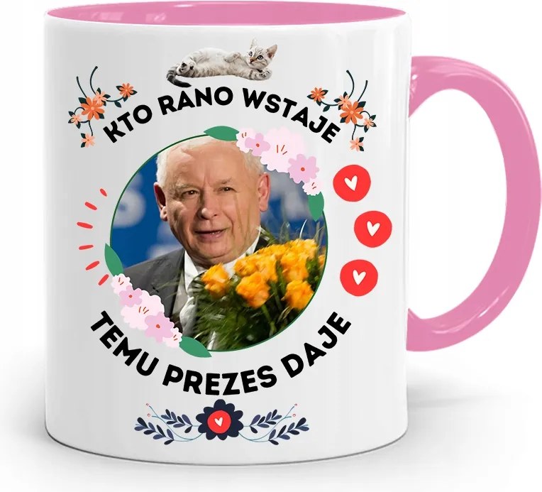 Rózsaszín Vicces Bögre Jaroslaw Kaczynski fényképes nyomattal