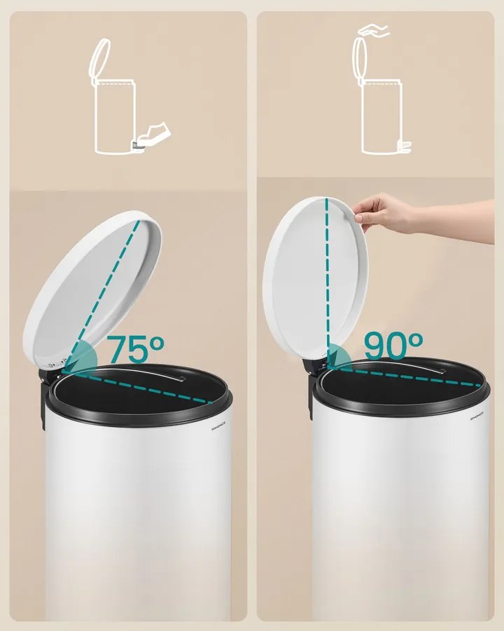 Fém kerek konyhai szemetes, 20 L, pedálos, levehető belső vödörrel, fehér