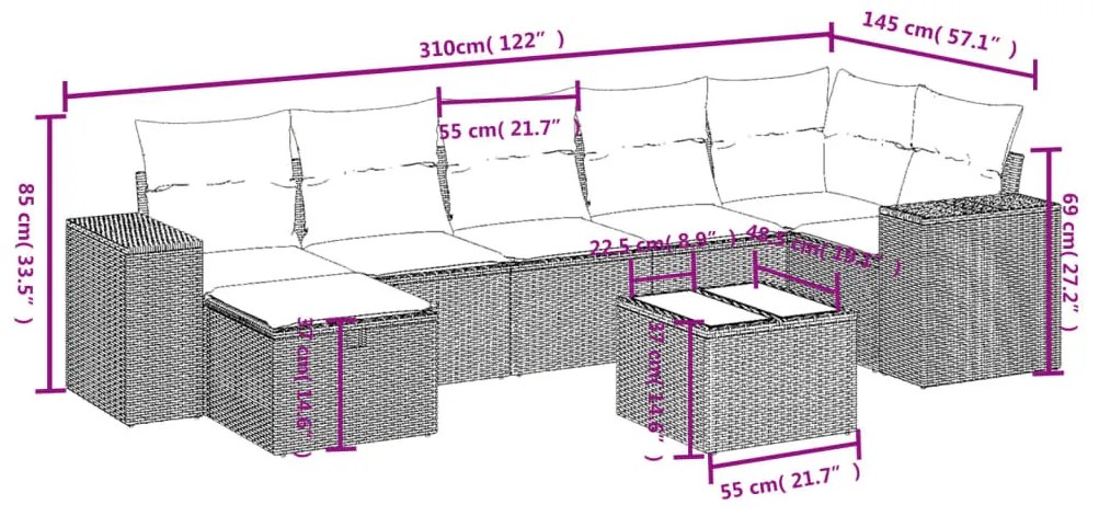 8 részes világosszürke polyrattan kerti ülőgarnitúra párnával