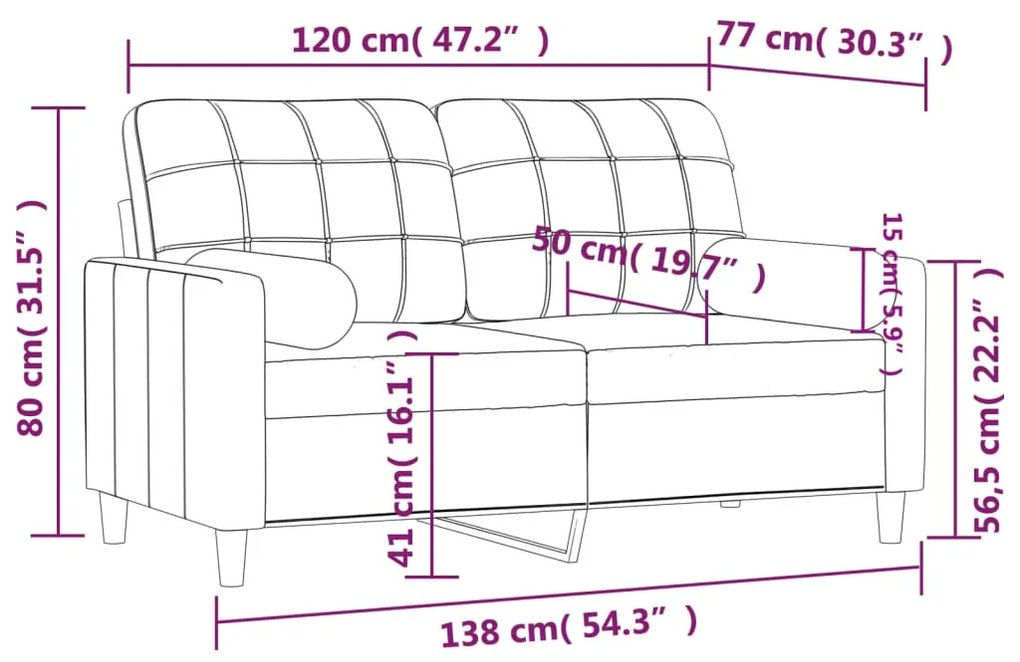 2 személyes barna szövet kanapé díszpárnákkal 120 cm