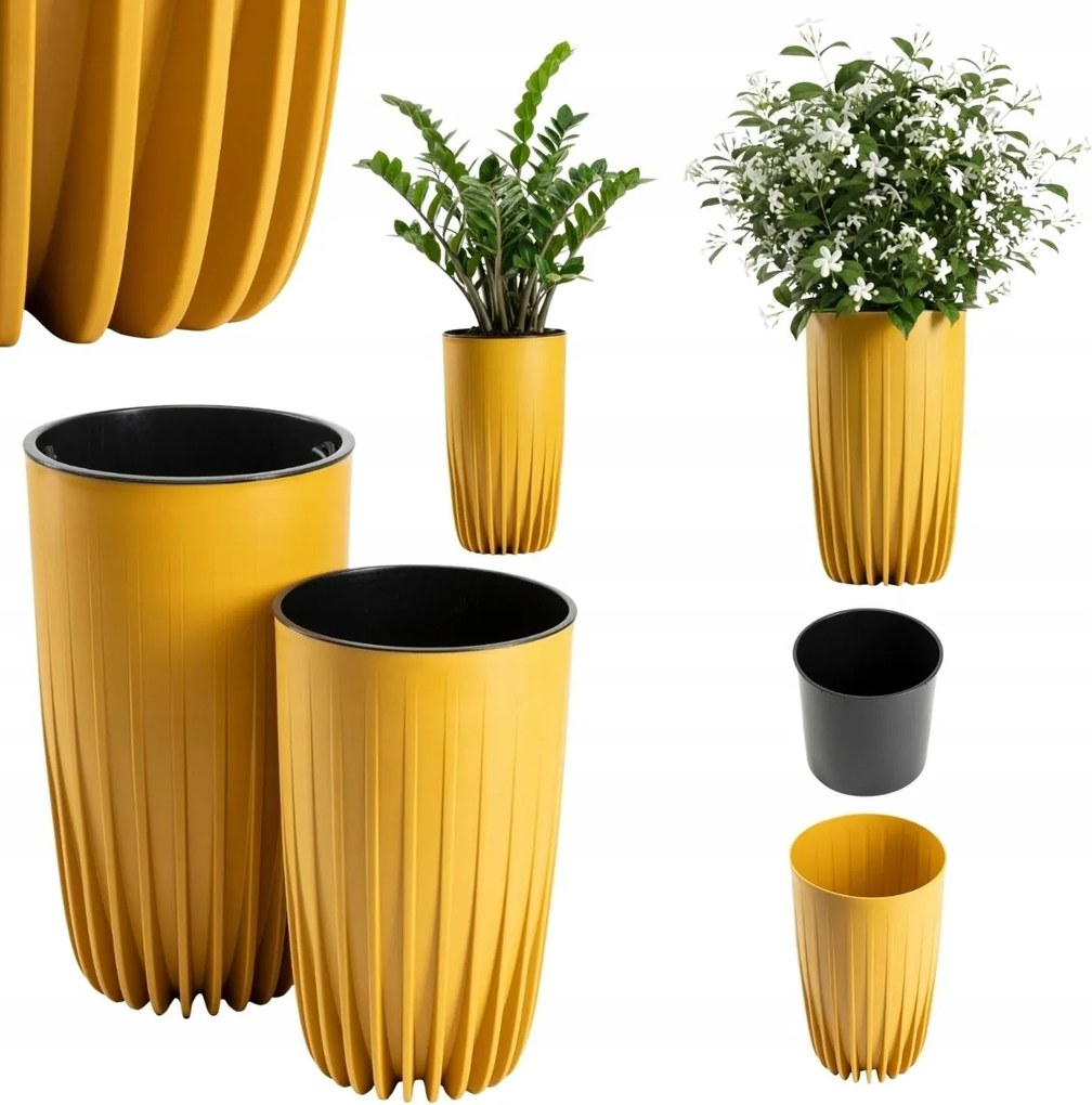 Magas Mustár Virágtartó Készlet teraszra, műanyag betéttel