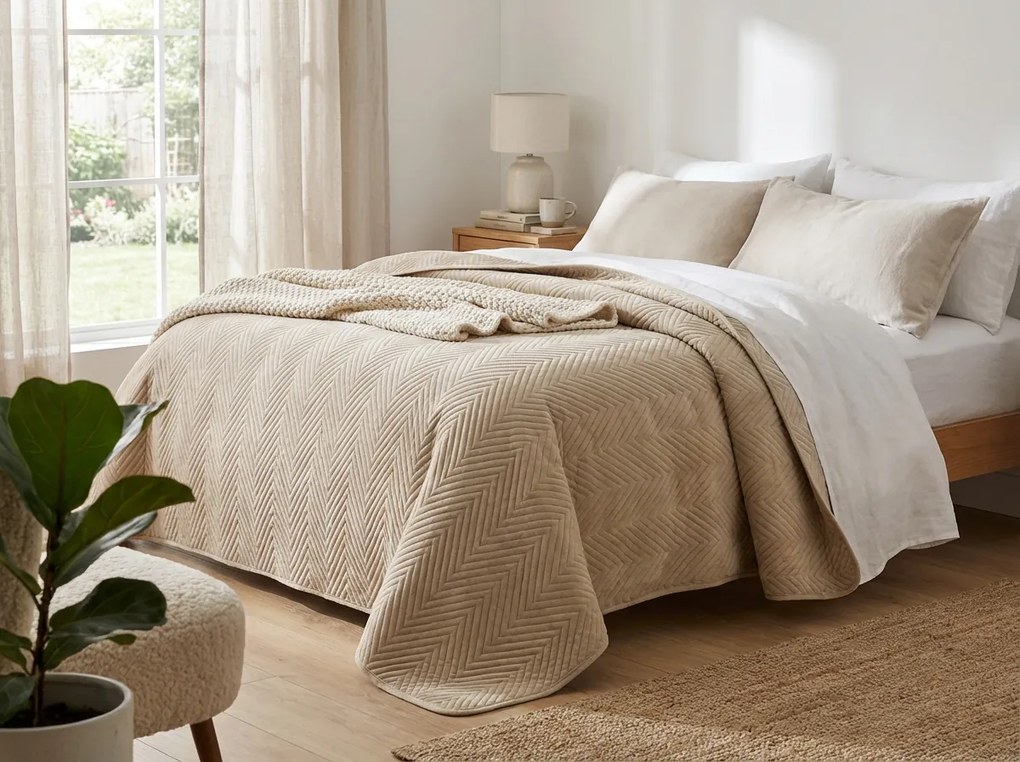 Bézs bársony ágytakaró ARROW VELVET Méret: 200 x 220 cm