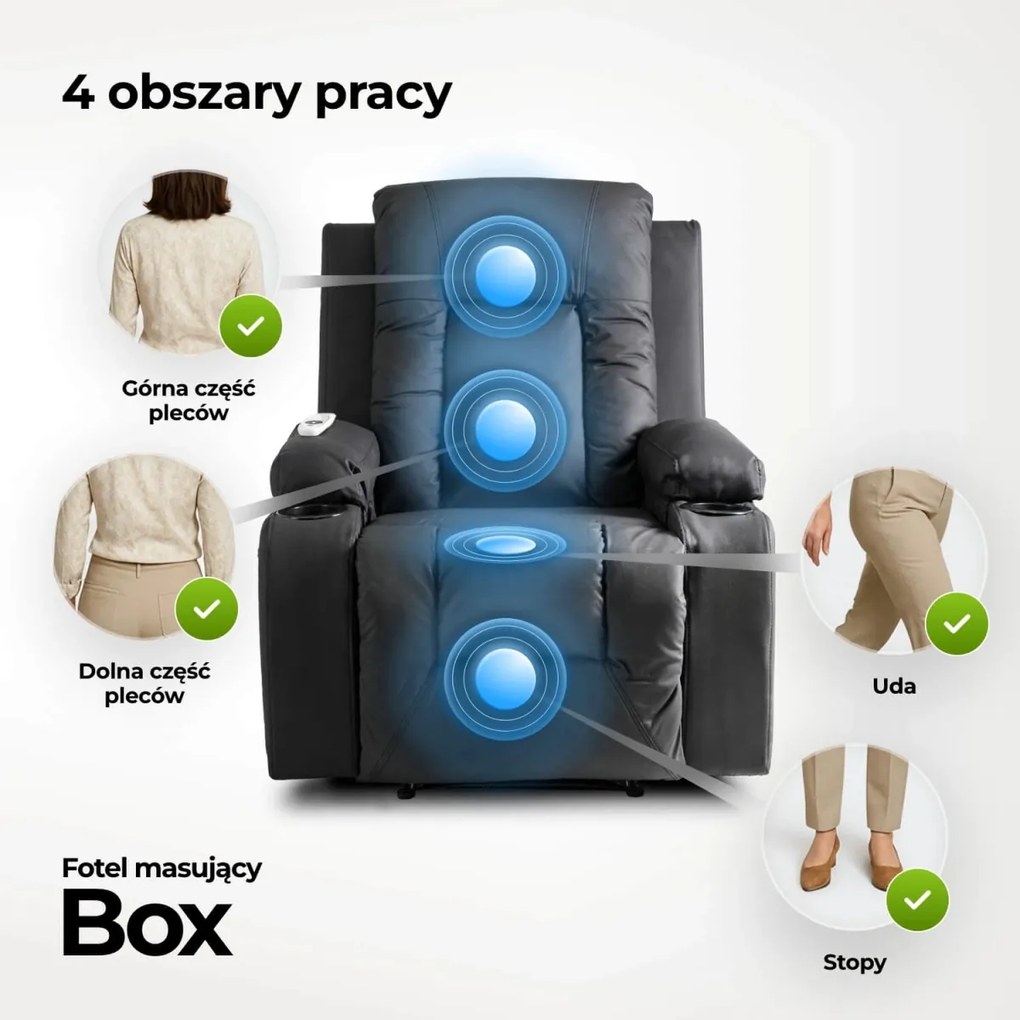 Masszírozós dönthető fotel fekete színben, műbőr kárpittal BOX