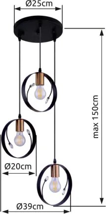 Globo 15346-3 Függeszték fém fekete. Ø:392, H:1500, exkl. 3xE27 60W 230V