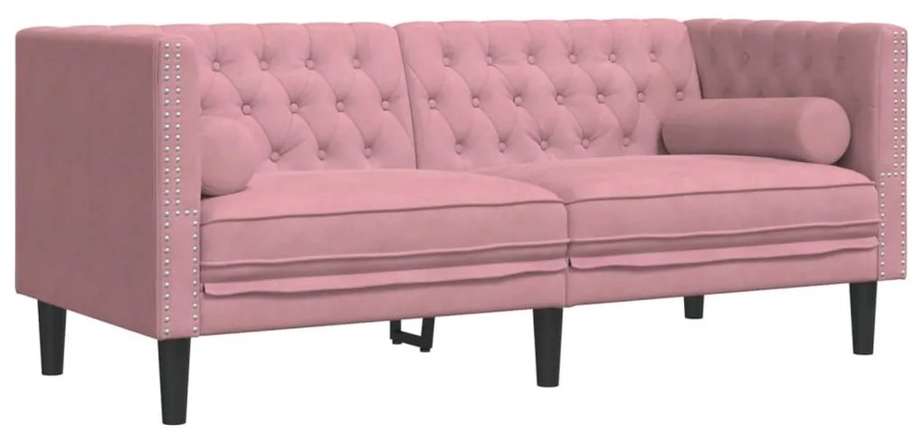 2 személyes rózsaszín bársony Chesterfield kanapé párnákkal