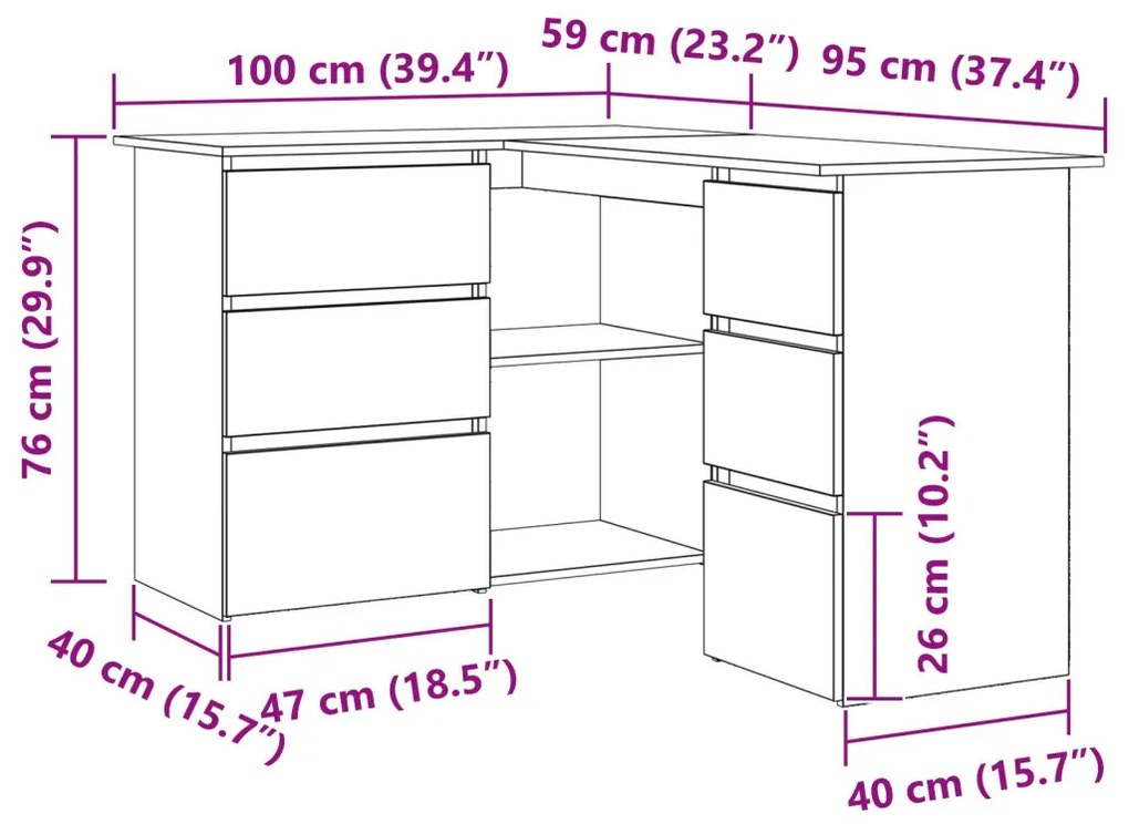 vidaXL Fekete Tölgy Sarok Íróasztal, 145x100x76 cm, Műanyagból készült