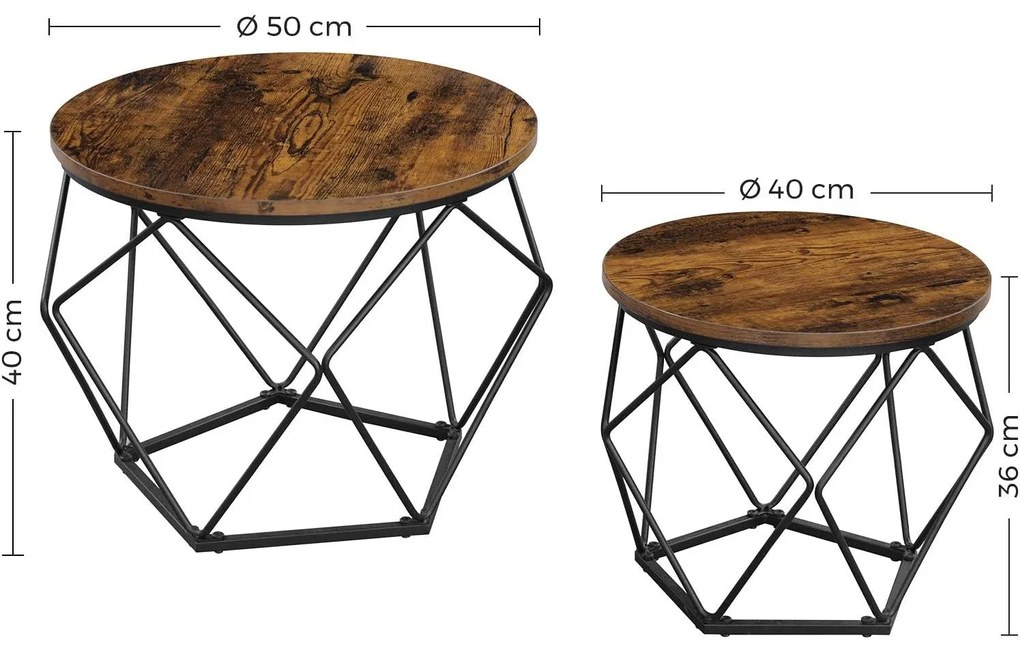 Dohányzóasztal, 2 oldalsó asztal, Ø50cm és Ø40cm, barna-fekete