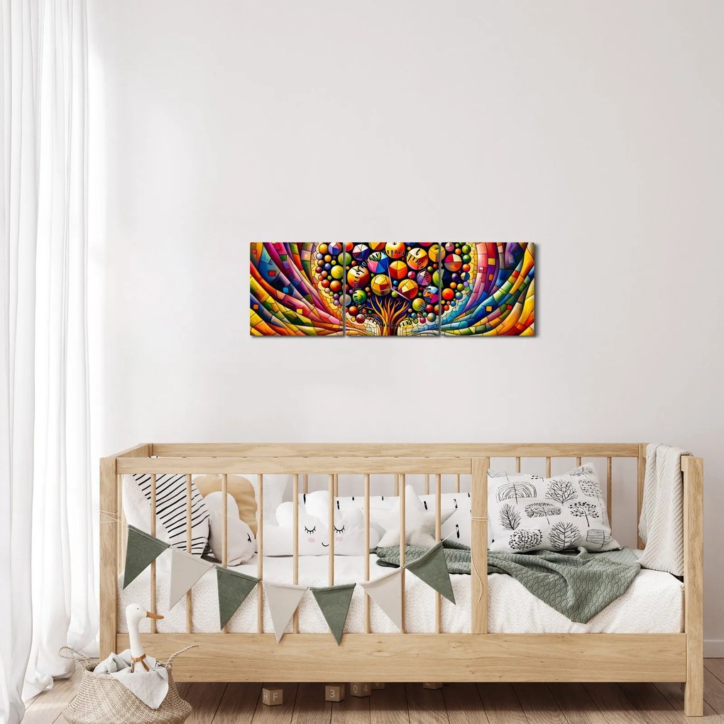 Kép – Színes fa almákkal (órával) (90x30 cm)