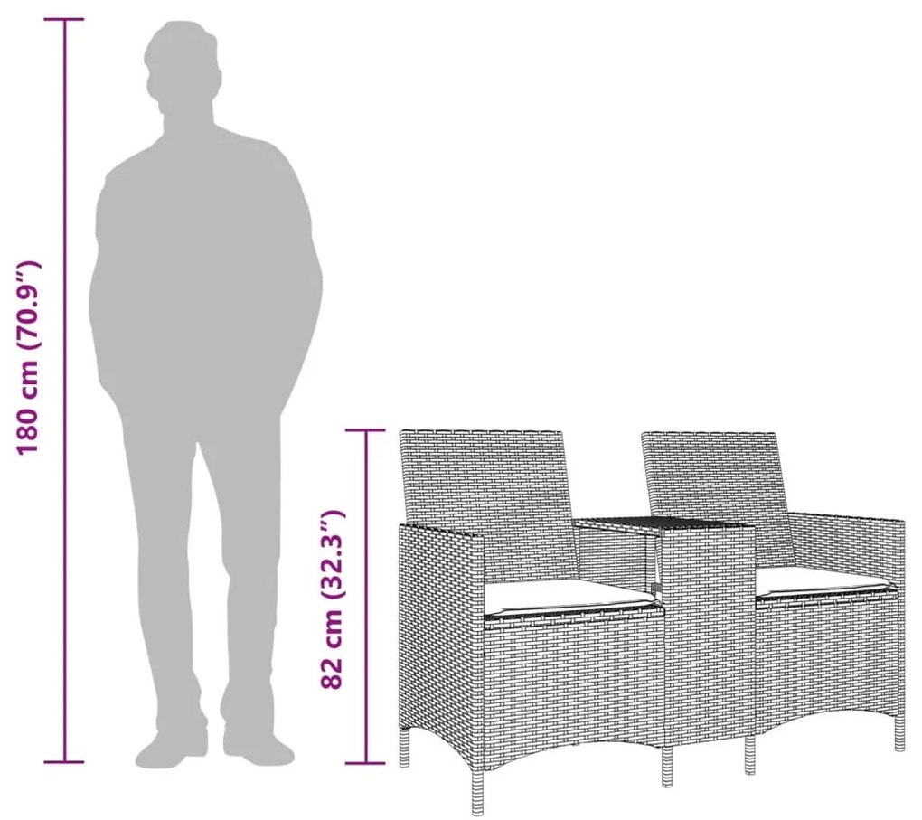 szürke polyrattan 2 személyes kerti kanapé asztallal, párnákkal