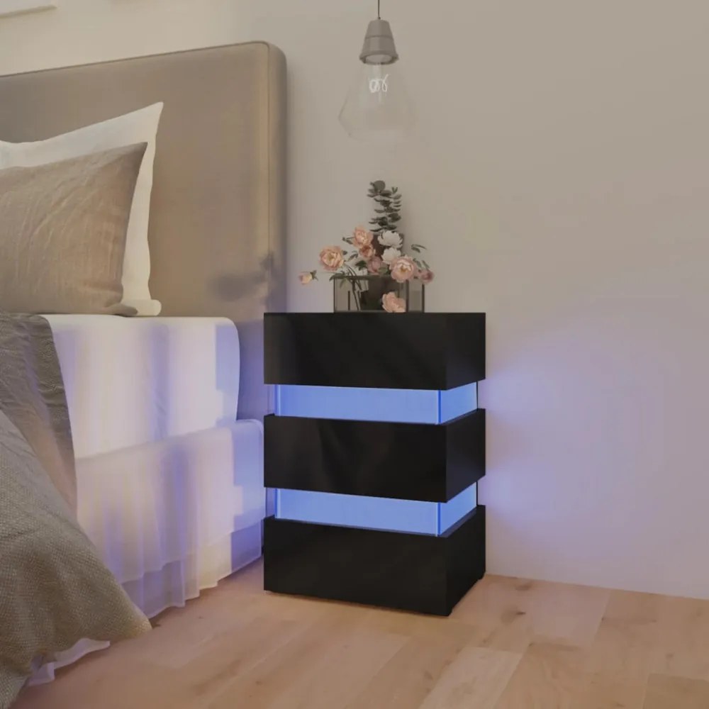 magasfényű fekete szerelt fa LED-es éjjeliszekrény 45x35x67 cm