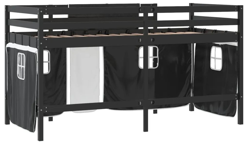 fehér-fekete tömör fenyő gyerek galériaágy függönnyel 90x200 cm
