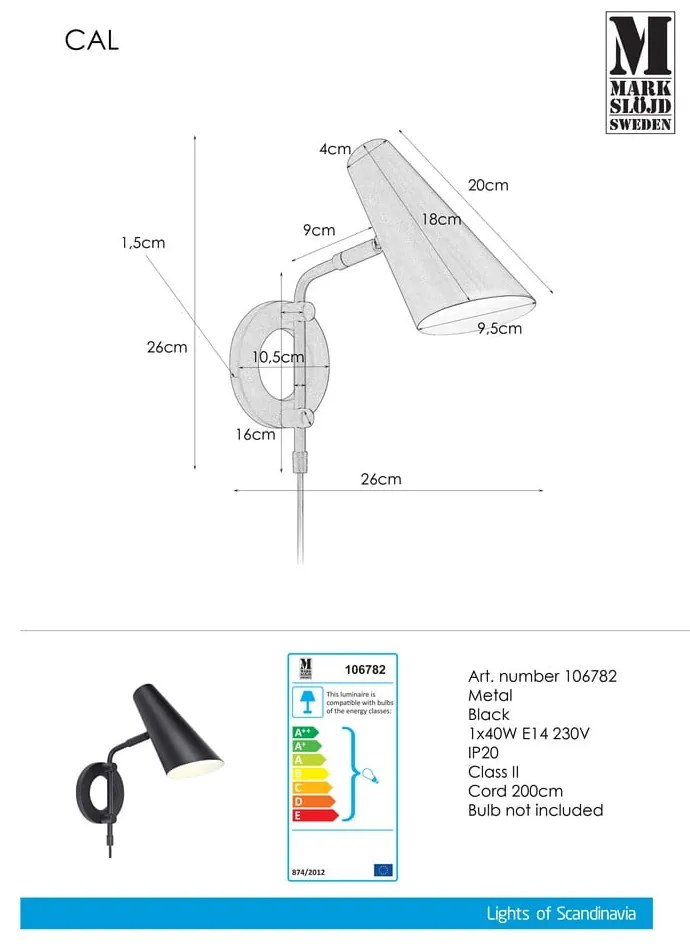 Fekete konnektorhoz csatlakoztatható fali lámpa ø 9,5 cm Cal – Markslöjd