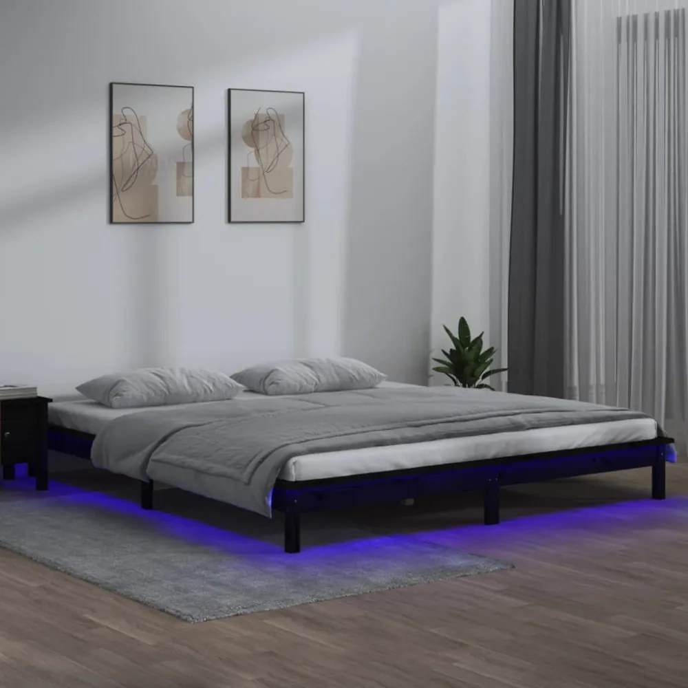 fekete tömör fa ágykeret LED-világítással 200 x 200 cm