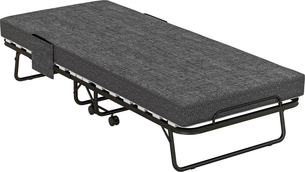 HOMCOM Összecsukható Vendégágy Kerekekkel, 10 cm Matrac, Takaró, Utazó Ágy Oldalsó Zsebbel Sötét Szürke 190 x 80 x 42 cm | Aosom
