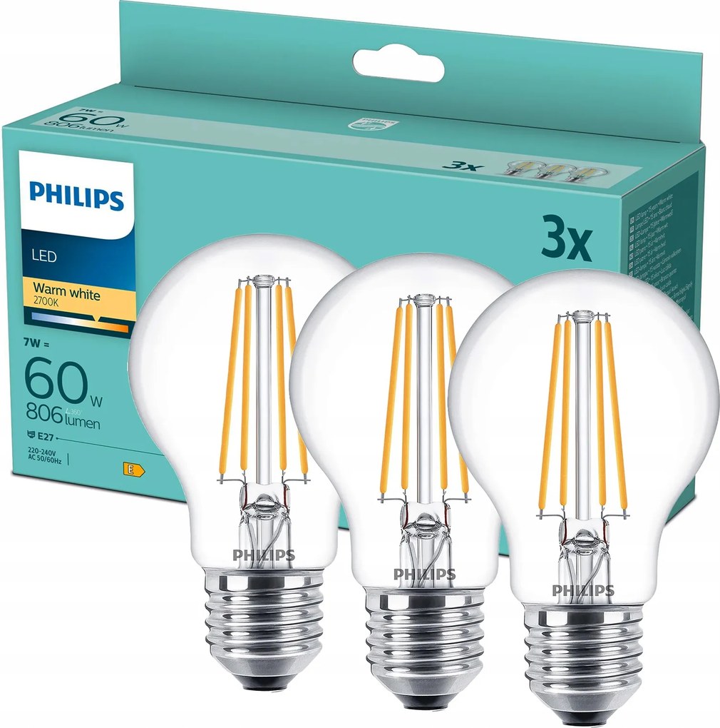 3x Led izzó E27 A60 7W 60W 806lm 2700K Meleg Filament Philips