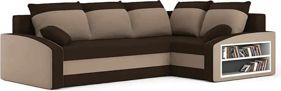 Grande sarokkanapé polcokkal , polc a jobb karfaban, jobboldali, szövet anyag, bonell töltet, barna