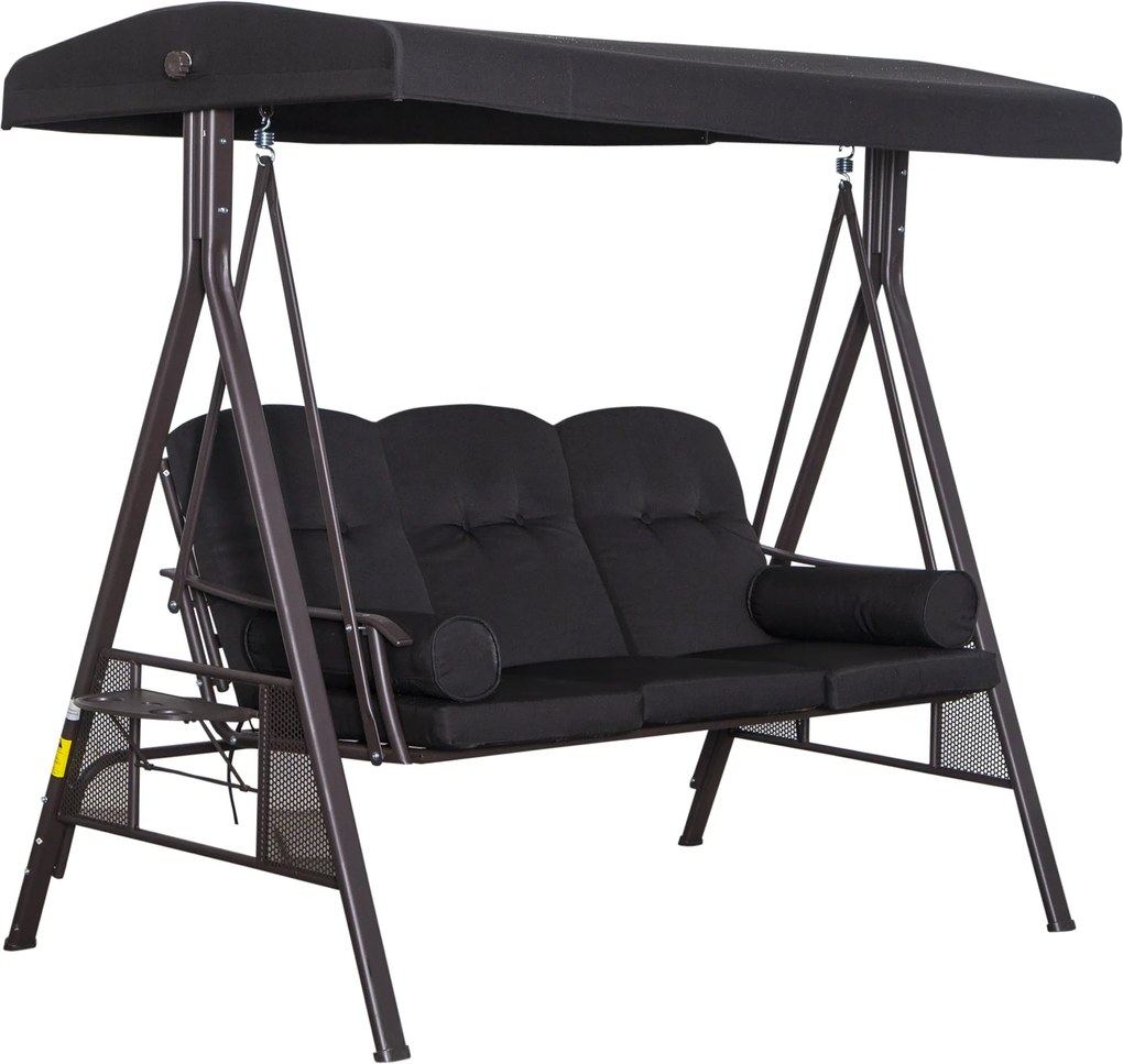 Outsunny 3-Fős Hollywood Lógtatás Kert Swing Napellenző párnával Fém Poliészter Fekete 116 x 206 x 183 cm | Aosom