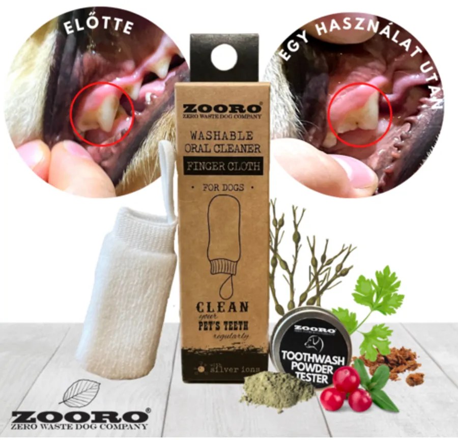 Zooro® - Mosható és ujjra húzható, ezüstionos fogtisztító kutyáknak, ajándék fogmosó porral