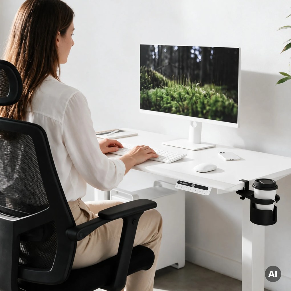 Elektromos, állítható magasságú, ergonomikus, fehér íróasztal,1200x600 mm: ARIA