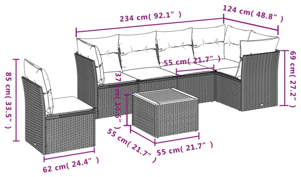 7 részes fekete polyrattan kerti ülőgarnitúra párnával