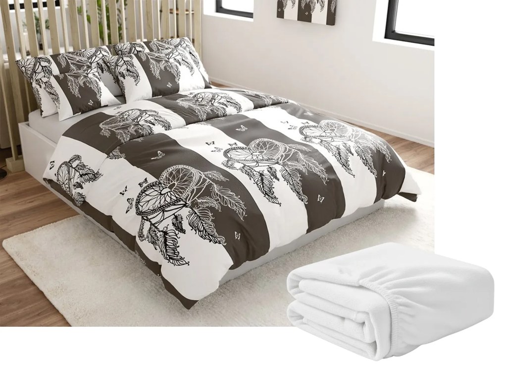 Mikroplüss ágyneműhuzat szett TIRSO szürke-fehér + mikroplüss lepedő SOFT 180x200 cm fehér, franciaágy