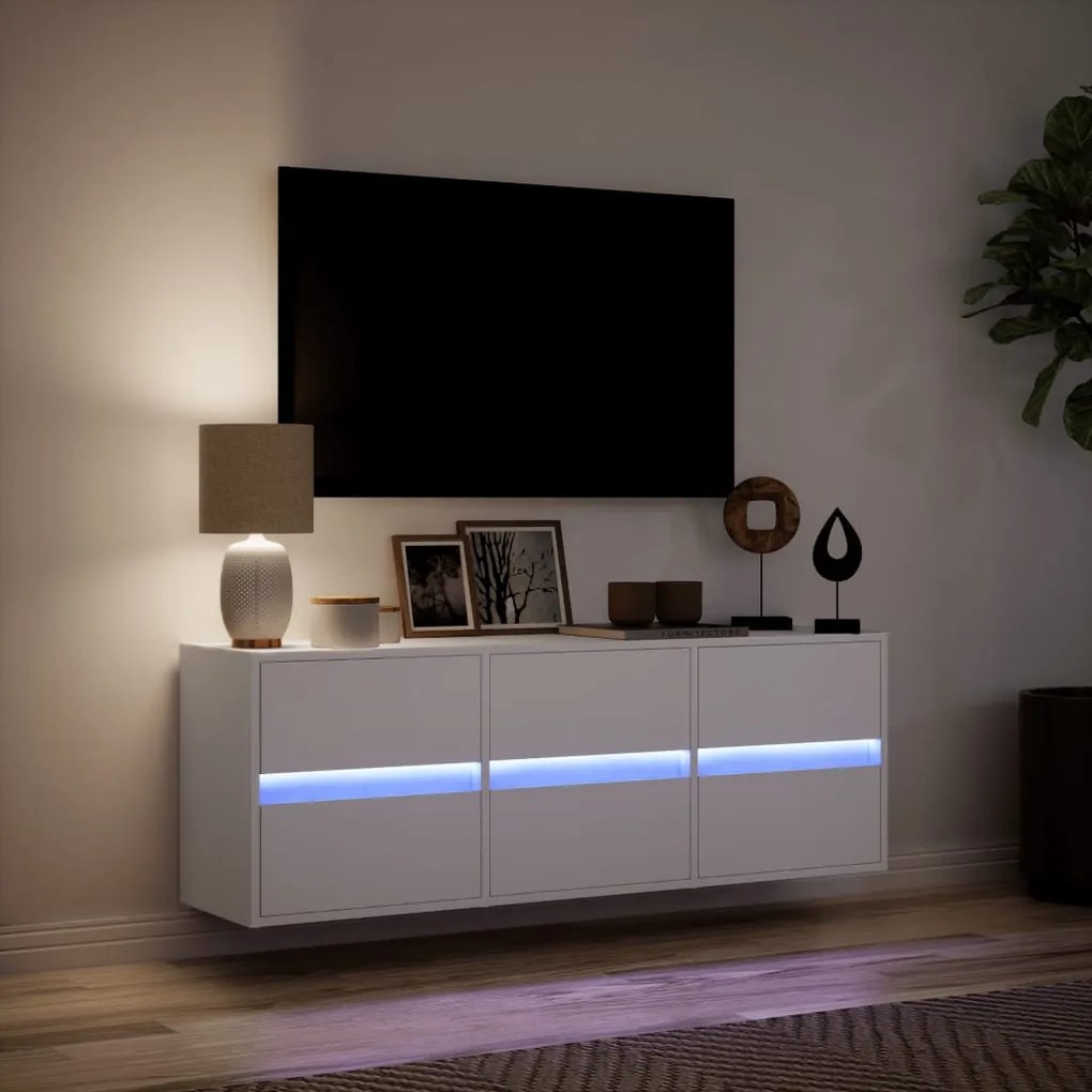 fehér falra szerelhető TV-szekrény LED-lámpákkal 130x31x45 cm