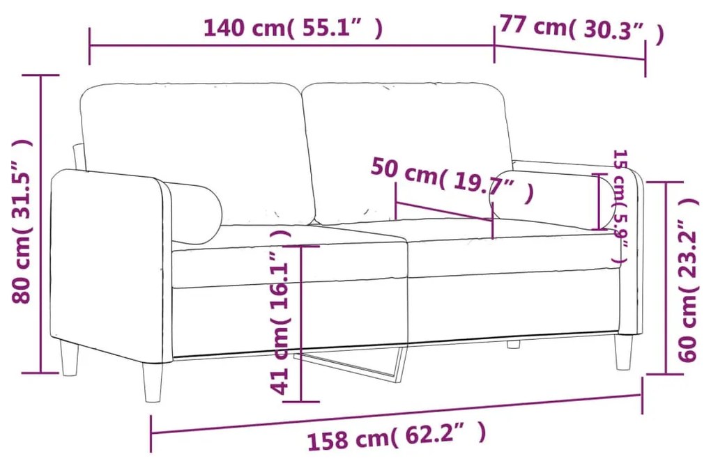 2 személyes kék bársony kanapé díszpárnákkal 140 cm