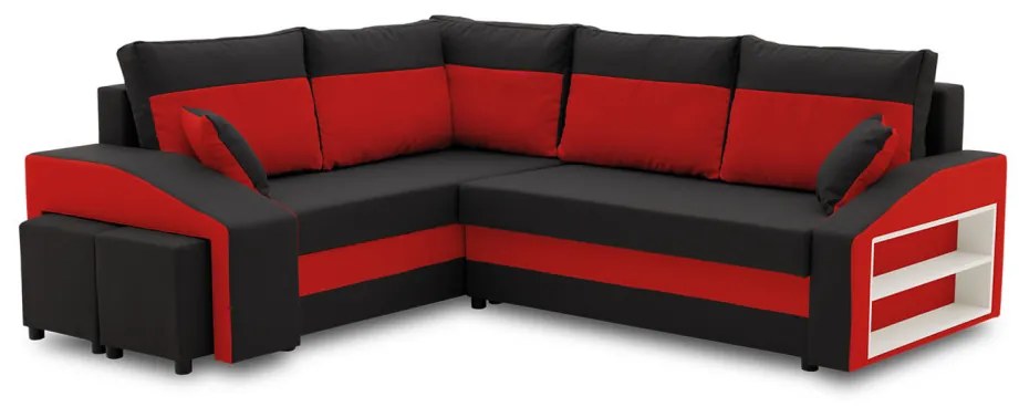 Grande sarokkanapé polcokkal és puffokkal , polc a jobb karfaban puffok a bal karfaban, baloldali, szövet anyag, hab töltet, fekete - piros