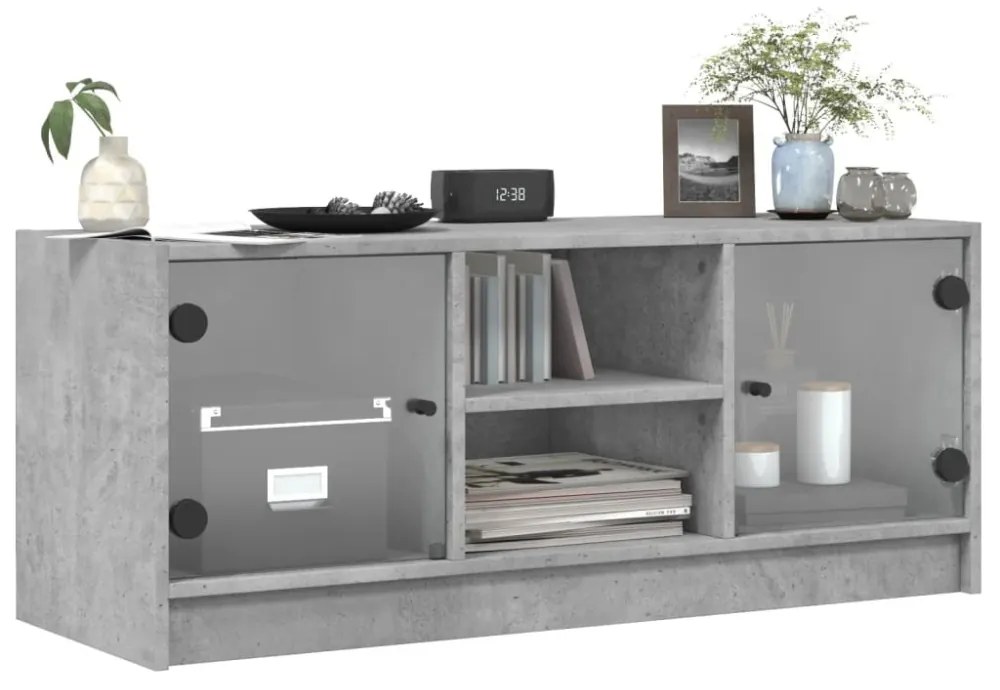 betonszürke TV-szekrény üvegajtókkal 102 x 37 x 42 cm