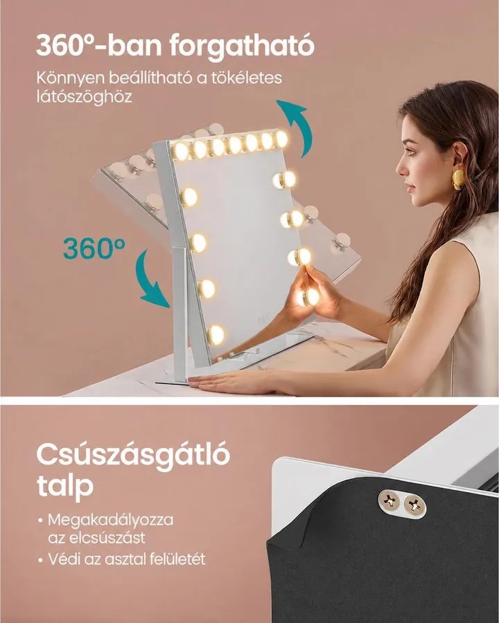 LED sminktükör világítással, 58 × 43 cm, 15 LED-del, 10× nagyítással, fehér