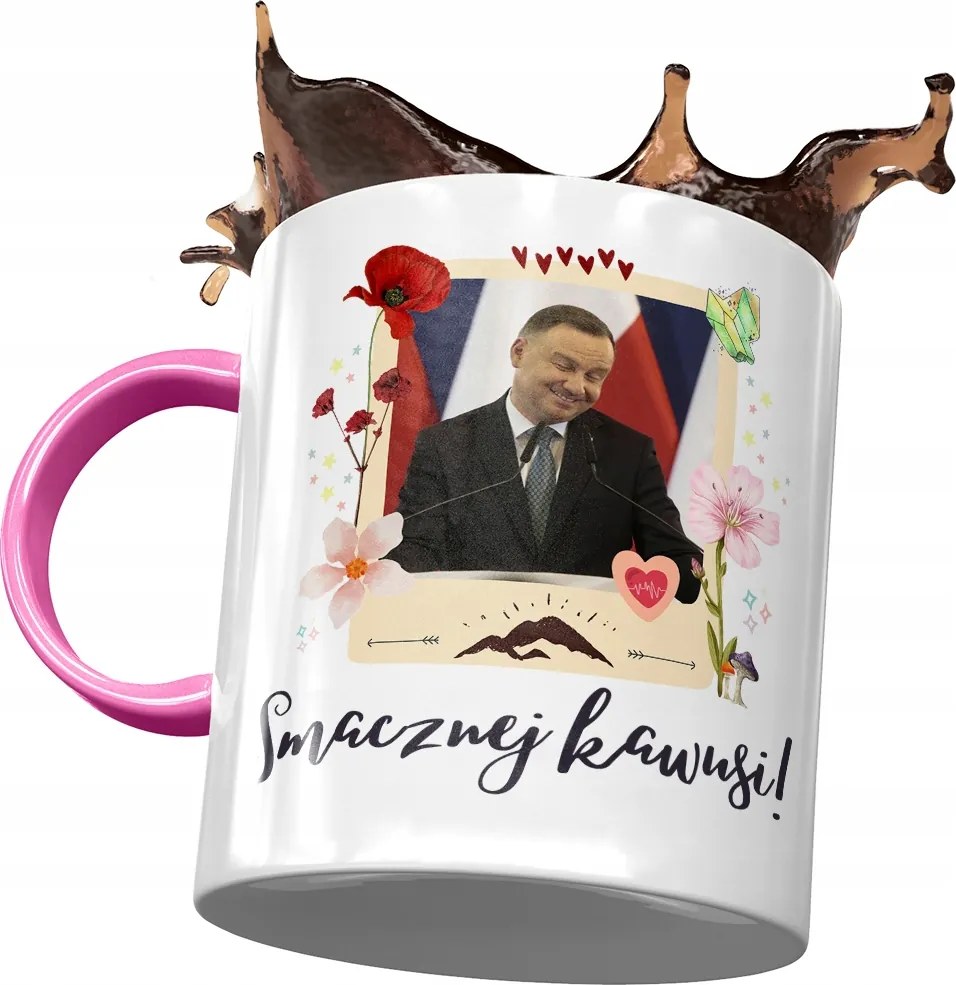 Rózsaszín bögre Andrzej Duda PiS elnök Ajándék Nyomtatott Fotóval
