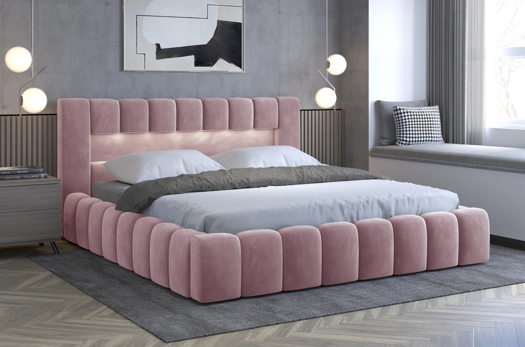 Franciaágy 140 cm Luxa (rózsaszín) (ágyráccal, és LED-del). 1041555